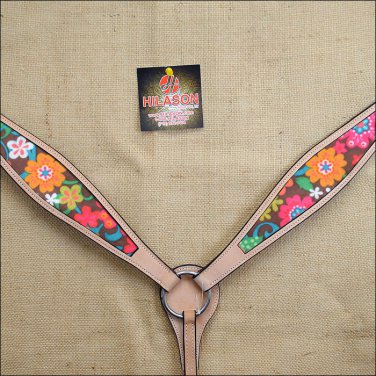 HILASON WESTERN LEATHER HORSE BREAST COLLAR TAN W/ FLORAL INLAY