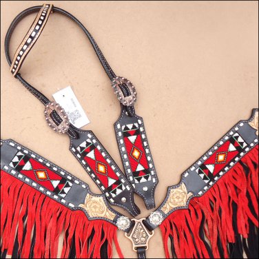 HILASON WESTERN LEATHER ONE EAR HEADSTALL BREAST COLLAR BLACK RED BEADED FRINGES