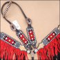 HILASON WESTERN LEATHER ONE EAR HEADSTALL BREAST COLLAR BLACK RED BEADED FRINGES