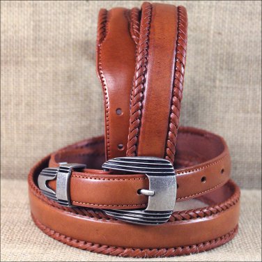 38 X 1 1/4" 3D COGNAC MENS DRESS LEATHER BELT W/ LACED EDGE REMOVABLE BUCKLE