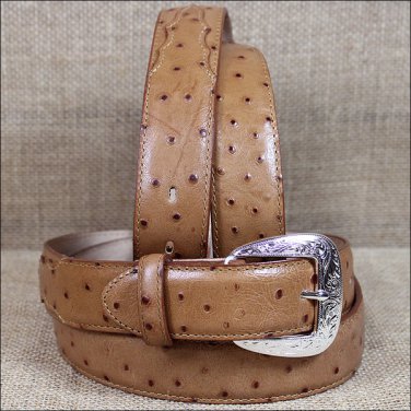 TONY LAMA MEN'S TAN OSTRICH PRINT LEATHER DRESS BELT