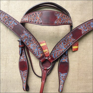 HILASON WESTERN LEATHER HORSE BRIDLE HEADSTALL BREAST COLLAR MAHOGANY TURQUOISE