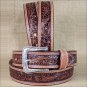 WESTERN MEN TAN TOOLED DARK BROWN LEATHER STITCHING BELT 32-46 INCHES