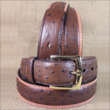32X1 1/2" 3D BROWN MENS DRESS OSTRICH PRINT LEATHER BELT REMOVABLE BRASS BUCKLE