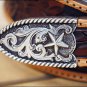 JUSTIN FLORAL TOOL TAPER WESTERN LEATHER MAN BELT BROWN SILVER ENGRAVED BUCKLE