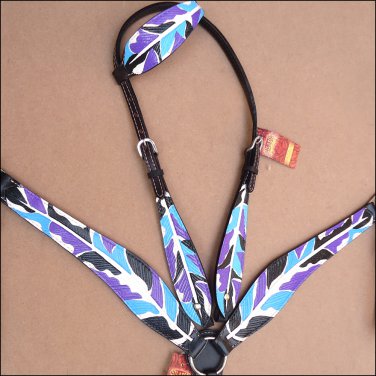 HILASON WESTERN LEATHER HORSE ONE EAR HEADSTALL BREAST COLLAR PURPLE BLACK