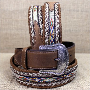 TONY LAMA BROWN MEN'S BADLANDS HORSE HAIR WITH RIBBON INLAY LEATHER BELT
