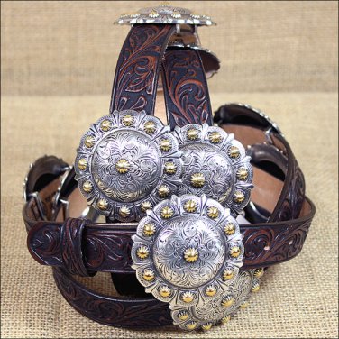 36 inch C21158 JUSTIN BROWN TUCSON CONCHO WESTERN TOOLED LEATHER LADIES BELT