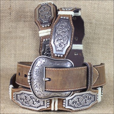 44 in M&F WESTERN ARIAT BROWN SCALLOP RAWHIDE CONCHO LEATHER MEN'S BELT COWBOY