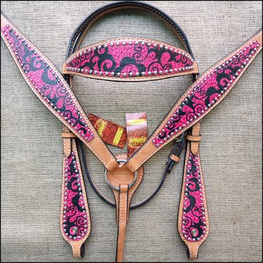 HILASON WESTERN LEATHER HORSE BRIDLE HEADSTALL BREAST COLLAR HAND PAINT MAGENTA