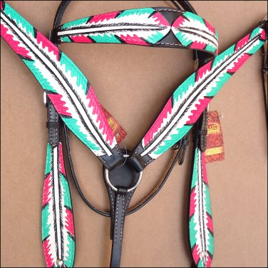 HILASON WESTERN LEATHER HORSE BRIDLE HEADSTALL BREAST COLLAR TURQUOISE PINK