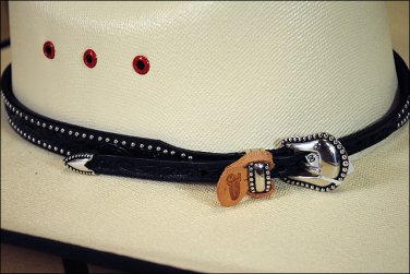 JUSTIN BLACK FLORAL EMBOSSED AND STUDDED LEATHER HATBAND W/ SILVER BUCKLE