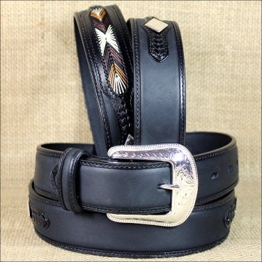 38x1 1/2" 3D BLACK MENS WESTERN FASHION LEATHER BELT REMOVABLE BUCKLE