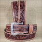 40 INCH WESTERN MEN TAN TOOLED DARK BROWN LEATHER STITCHING BELT