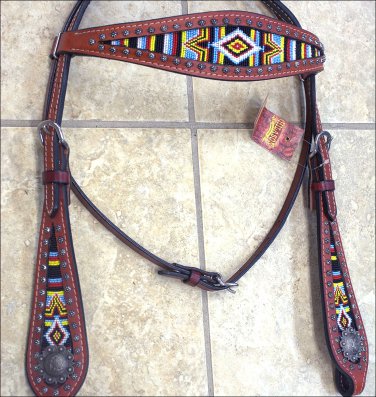 HILASON WESTERN LEATHER HORSE BRIDLE HEADSTALL MAHOGANY W/ BEADED INLAY