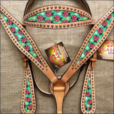 HILASON WESTERN LEATHER HORSE HEADSTALL BREAST COLLAR TAN LADY BIRD INLAY