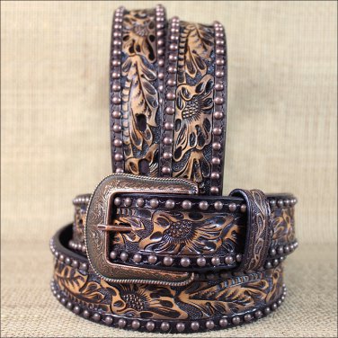 36x1 1/2" 3D NATURAL FLORAL MENS WESTERN FASHION LEATHER BELT REMOVABLE BUCKLE