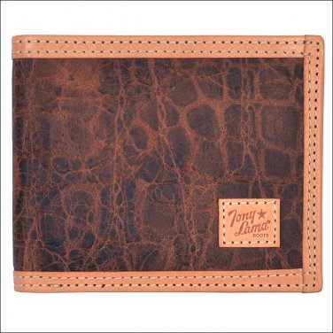 TONY LAMA COGNAC LEATHER GATOR PRINT WESTERN BIFOLD WALLET NATURAL TRIM