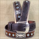 36 X 1 1/2" 3D BROWN MENS BLUE CRYSTELS WESTERN FASHION LEATHER HAIR ON BELT