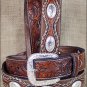 36 INCH WESTERN BROWN LEATHER MENS BELT FLORAL TOOLING SCALLOPED OVERLAY