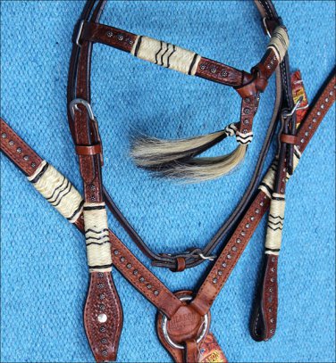 HILASON WESTERN LEATHER HORSE HEADSTALL BREAST COLLAR RAWHIDE BRAIDED MAHOGANY