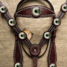 HILASON WESTERN LEATHER HORSE HEADSTALL BREAST COLLAR BROWN GREEN CONCHO BLING