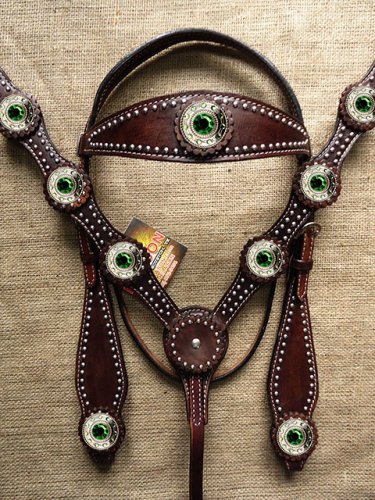 HILASON WESTERN LEATHER HORSE HEADSTALL BREAST COLLAR BROWN GREEN CONCHO BLING