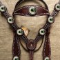 HILASON WESTERN LEATHER HORSE HEADSTALL BREAST COLLAR BROWN GREEN CONCHO BLING