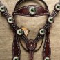 HILASON WESTERN LEATHER HORSE HEADSTALL BREAST COLLAR BROWN GREEN CONCHO BLING