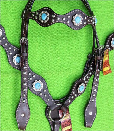 HILASON WESTERN LEATHER HORSE HEADSTALL BREAST COLLAR BROWN TURQUOISE CONCHO