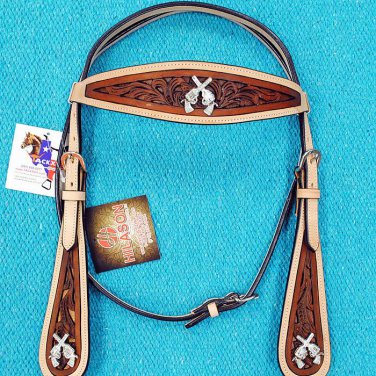 HILASON WESTERN LEATHER HORSE BRIDLE HEADSTALL TAN DARK BROWN CROSS GUN CONCHOS