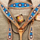 HILASON WESTERN LEATHER HEADSTALL BRIDLE BREAST COLLAR PAINTED TURQUOISE AZTEC