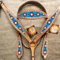 HILASON WESTERN LEATHER HEADSTALL BRIDLE BREAST COLLAR PAINTED TURQUOISE AZTEC