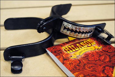BLACK STEEL MEN ROPER SPURS 3/4 in. BAND ARROW CUTOUT ENGRAVED GERMAN SILVER TR