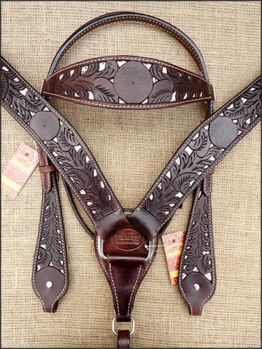 F305 HILASON WESTERN HORSE HEADSTALL BREAST COLLAR DARK BROWN SNAKE PRINT INLAY