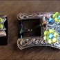 SET OF 8 BLUE LEMON CRYSTALS FLORAL COPPER FINISH BUCKLE SET BELT HEADSTALL