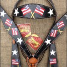 HILASON WESTERN LEATHER HORSE HEADSTALL BREAST COLLAR BLACK HAND PAINT US FLAG
