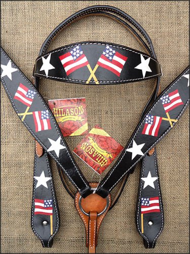 HILASON WESTERN LEATHER HORSE HEADSTALL BREAST COLLAR BLACK HAND PAINT US FLAG