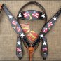 HILASON WESTERN LEATHER HORSE HEADSTALL BREAST COLLAR BLACK HAND PAINT US FLAG