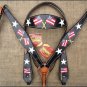 HILASON WESTERN LEATHER HORSE HEADSTALL BREAST COLLAR BLACK HAND PAINT US FLAG