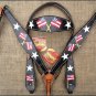 HILASON WESTERN LEATHER HORSE HEADSTALL BREAST COLLAR BLACK HAND PAINT US FLAG
