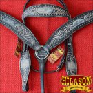 HILASON WESTERN LEATHER HORSE HEADSTALL BREAST COLLAR BLACK RUSTIC VINTAGE