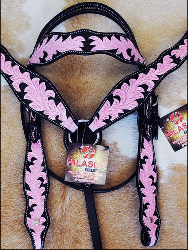 HILASON WESTERN LEATHER HORSE HEADSTALL BREAST COLLAR BLACK PINK HAND PAINT