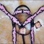 HILASON WESTERN LEATHER HORSE HEADSTALL BREAST COLLAR BLACK PINK HAND PAINT