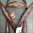 HILASON WESTERN LEATHER HORSE HEADSTALL BREAST COLLAR MAHOGANY W/ CHEVRON INLAY