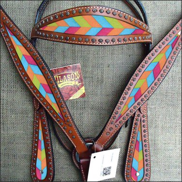 HILASON WESTERN LEATHER HORSE HEADSTALL BREAST COLLAR MAHOGANY W/ CHEVRON INLAY