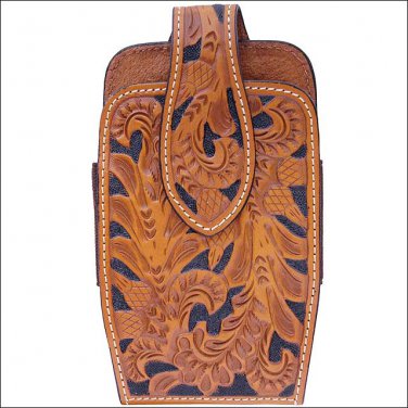 3D NATURAL HAND TOOLED FLORAL LEATHER ELASTIC SIDES LARGE SMARTPHONE HOLDER