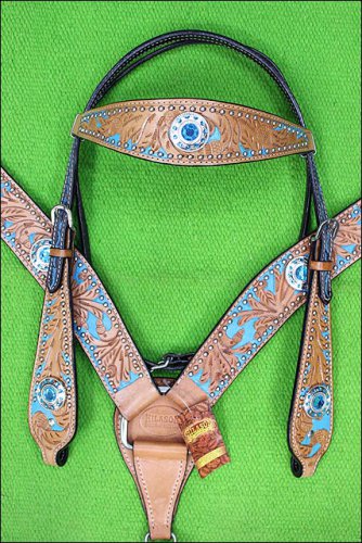 HILASON WESTERN LEATHER HORSE HEADSTALL BREAST COLLAR TAN TURQUOISE CONCHO