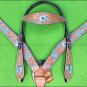 HILASON WESTERN LEATHER HORSE HEADSTALL BREAST COLLAR TAN TURQUOISE CONCHO