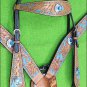 HILASON WESTERN LEATHER HORSE HEADSTALL BREAST COLLAR TAN TURQUOISE CONCHO